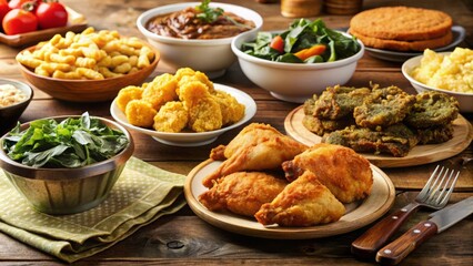 Delicious soul food spread on a family dinner table, featuring fried chicken, collard greens, macaroni, and cornbread, in a warm and inviting atmosphere.