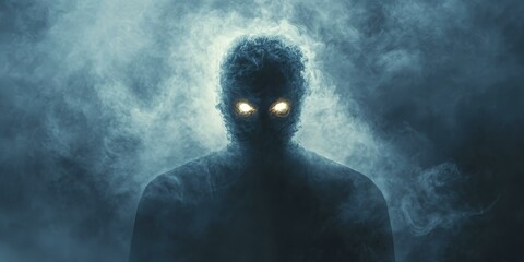 Wall Mural - Mysterious figure with glowing eyes in smoke.