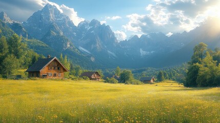 Canvas Print - Mountain Cabin with Lush Meadow