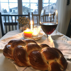 Wall Mural - Challah bread shabbat wine on the kitchen table