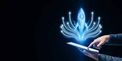 Wall Mural - digital representation of a rocket launching from a tablet screen, symbolizing startup growth and te