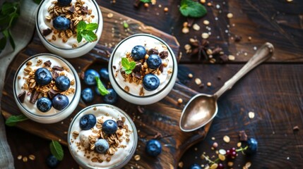 Wall Mural - Delicious yogurt parfaits topped with blueberries and granola are beautifully arranged. This image captures the essence of healthy breakfast styles. Perfect for food blogs and recipe sharing. AI