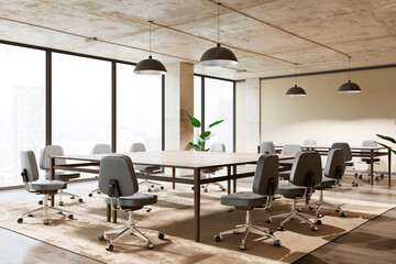 Wall Mural - Modern conference room with wooden tables and office chairs. 3D Rendering