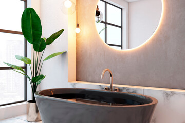 Wall Mural - Modern bathroom with a round backlit mirror and a black bathtub. 3D Rendering