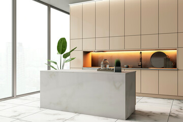 Canvas Print - Modern empty kitchen interior with marble island and city view through large windows. 3D Rendering