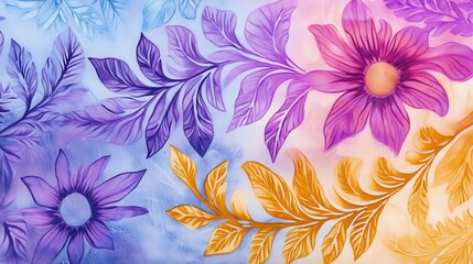 A vibrant floral design featuring purple and orange flowers with intricate leaves against a soft pastel background.