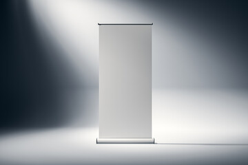 Wall Mural - Blank vertical roll-up banner mockup in studio with spotlight. 3D Rendering