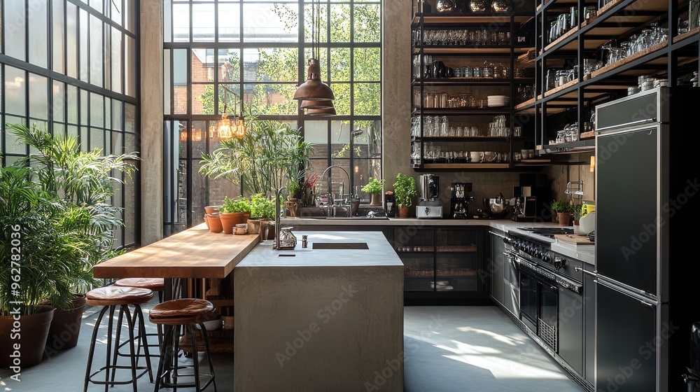 Modern Industrial Kitchen Design: Open-Plan Space with Metal Shelving ...