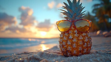 Wall Mural - Pineapple Wearing Sunglasses on a Beach at Sunset - Realistic Photo