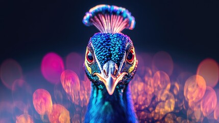 Canvas Print - A vibrant peacock displaying its colorful feathers against a blurred, illuminated background.