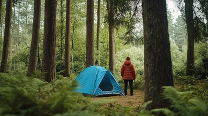 Poster - A vibrant blue tent stands against tall trees in a lush green forest. A person wearing a warm jacket admires nature. The scene captures adventure and tranquility. Enjoy the great outdoors. AI