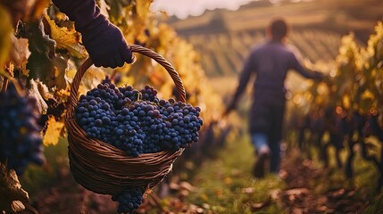 Sticker - A vineyard scene with a basket of grapes and a person walking among the vines at sunset.