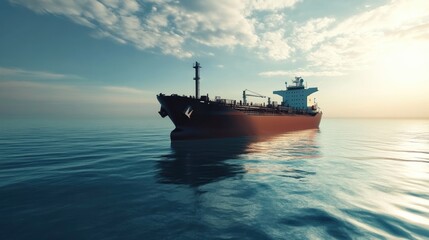 An oil tanker travels gracefully across calm waters during sunset, reflecting soft colors in the sky while navigating the peaceful sea