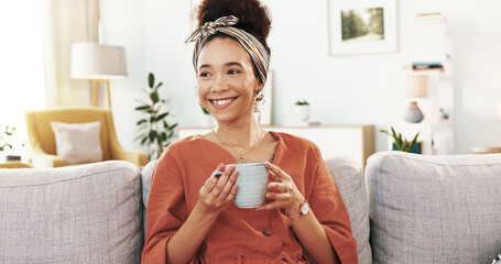 Poster - Woman, smile and coffee on sofa with thinking, reflection and start morning in apartment. Girl, person and tea cup with memory, insight and drink with nostalgia on living room couch at modern house