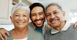 © peopleimages.com - Portrait, hug and adult son with parents, home and smile with love, care and happiness. Face, senior mother and mature father with embrace, funny and laughing with family, bonding together and break