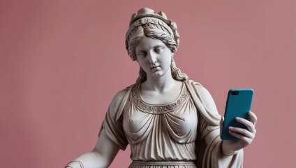 Wall Mural - A statue of a woman in a dress holding a smartphone