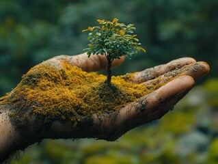 the hand on which the tree and moss grow represents the necessity of the coexistence of man and nature