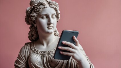 Wall Mural - A statue of a woman in a dress holding a smartphone