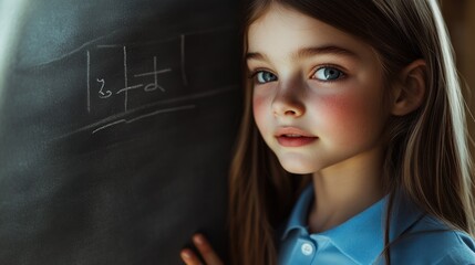 Poster - A young girl stands beside a chalkboard, looking thoughtfully at the camera.