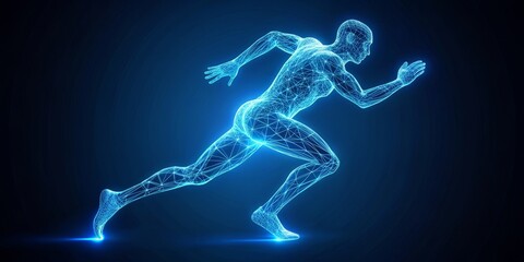 digital runner wireframe representation of a man running, blue glow, futuristic sports, athlete, tec