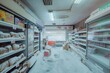 © Viktor - Grocery store aisle scene frozen food section in snowy surroundings. Red chair stands out in predominantly white, gray tones. Perspective suggests viewer vantage point from one end of aisle, looking