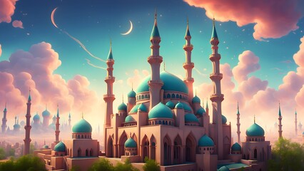 A beautiful blue and white building with a blue dome and a blue moon in the sky