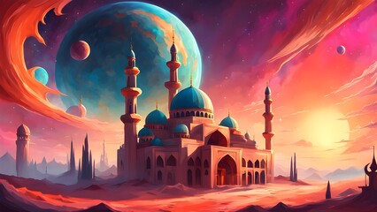 A colorful painting of a desert with a large blue dome building in the center