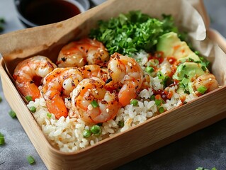 Wall Mural - A box of shrimp and rice with a side of avocado