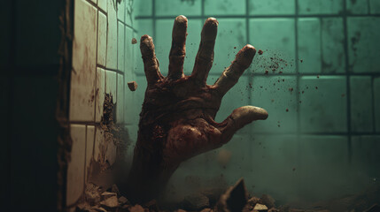 A rotting zombie hand breaking through shattered tiles, dust and debris fly as the hand emerges from beneath a bathroom floor.