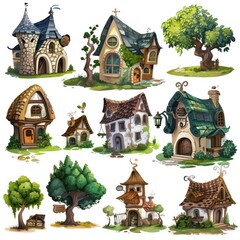 houses and trees fantasy illustration icon assortment 