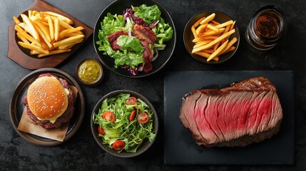 Enticing and appetite-inducing plate of gastropub food, burgers, salad, a grilled steak, fries