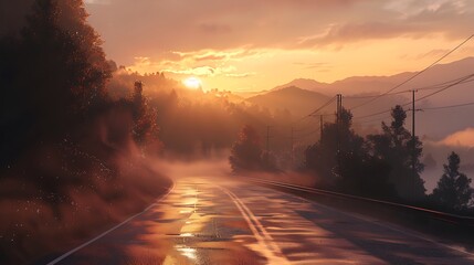 Wall Mural - A serene landscape at sunset, featuring a winding road, mist, and mountains in the background.