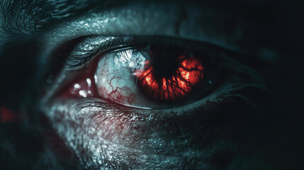 A close up of a person's eye with red, glowing eyes