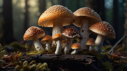 A bunch of mushrooms with moss sitting on top of a log in the forest