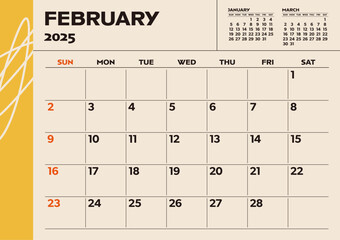 Simple desktop calendar for 2025: February, with writing space