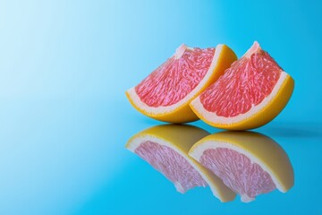 Wall Mural - Juicy grapefruit halves on reflective blue background