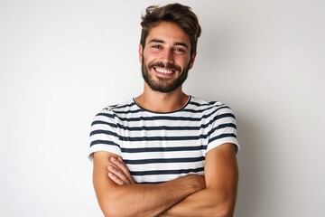 Handsome bearded man with happy face smiling at camera. Young adult male with casual attire, striped t-shirt, crossed arms on white background. Confident, cheerful, attractive and photogenic model.