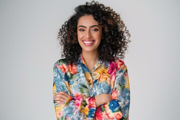 Young arab woman with curly hair stands proudly in casual attire. Floral shirt adds colorful touch. Happy face with crossed arms and confident smile. Attractive female portrait on white background.