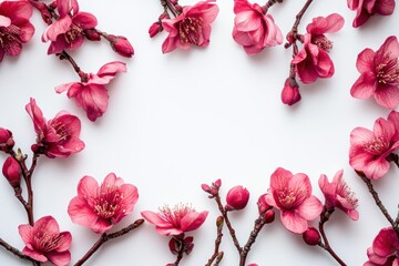 Spring blossom frame with pink flowers on white background