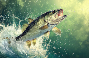 Wall Mural - an extra-large bass fish jumping out of the water with its mouth open, splashing in front of green trees and a river background. 