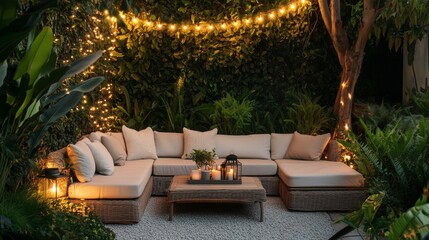 Wall Mural - A patio with a couch and a coffee table. There are potted plants and a few lights hanging from the ceiling. Scene is cozy and inviting.