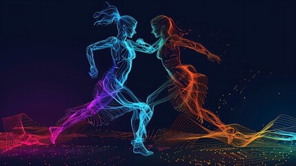 Abstract illustration of two dynamic figures in motion, symbolizing energy and movement.