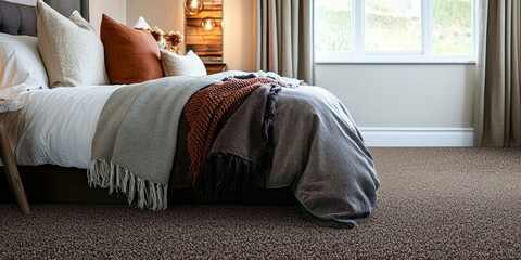 Wall Mural - A bed with pillows and blankets on a carpeted floor.