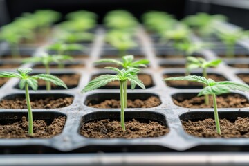 Fresh young cannabis plants in cultivation tray