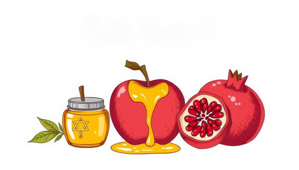 Wall Mural - A drawing of a honey jar, an apple, and a pomegranate