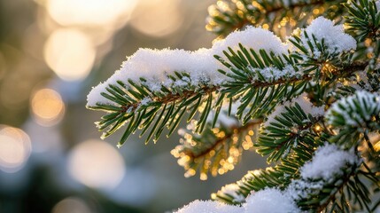 Sticker - Close-up of a snow-covered pine branch glistening in sunlight.