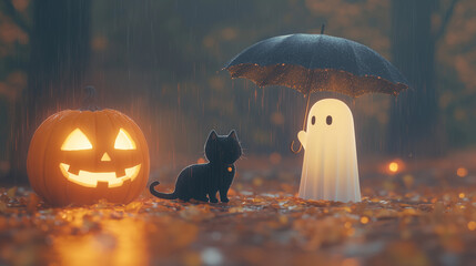 magical Halloween moment with a cute ghost standing under an umbrella in the rain, accompanied by a black cat and a glowing pumpkin. Ideal for capturing the playful and mystical sp