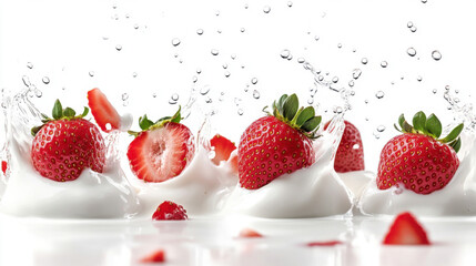 Fresh strawberry splashing into creamy yoghurt isolated on white background.