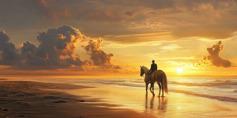 Wall Mural - Sunset ride on the beach, golden light.