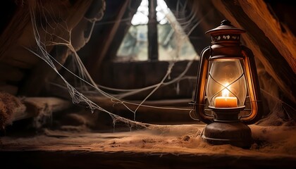 A dusty old lantern casting eerie shadows in a cobweb-covered attic